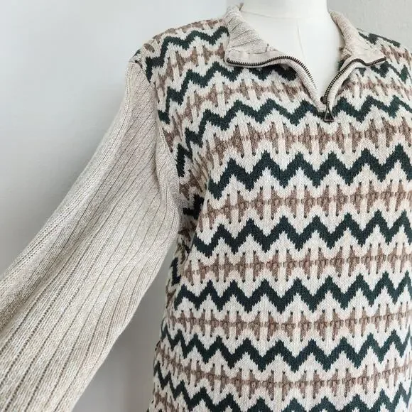 Vintage 90s Christopher & Banks Tan Green Southwestern Knit Quarter Zip Sweater - Picture 2 of 10